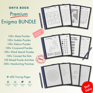 May include: A blue e-reader with a stylus, displaying a variety of puzzle and handwriting practice pages. The e-reader is surrounded by other e-readers, each displaying a different page. The text "ONYX BOOX Premium Enigma BUNDLE" is visible at the top of the image. The text "100+ Maze Puzzles, 100+ Sudoku Puzzles, 100+ Kakuro Puzzles, 100+ Crossword Puzzles, 100+ Word Search Puzzles, 100+ Connect the Dots, 100 Mixed Puzzle Activities, 200+ Handwriting Practices, + 400 Tracing Pages" is also visible. The text "Best Value" is visible in the bottom right corner of the image.