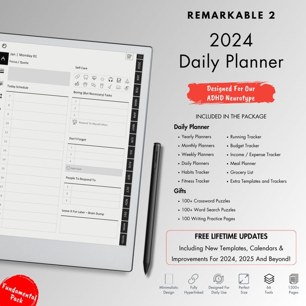 Daily Planner 2024 for Remarkable 2, Plan Your Day Effortlessly with This Digital Planner - A Premium Planning Solution on Remarkable 2