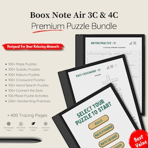 May include: A Boox Note Air 3C & 4C e-reader with a black and grey design. The screen displays a variety of puzzle activities, including writing practice, crosswords, and maths puzzles. The text "Select Your Puzzle To Start" is displayed on the screen. The e-reader is surrounded by a white background with text describing the features of the puzzle bundle.