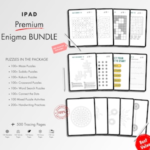 Op de afbeelding: Een digitaal tabletscherm met een verscheidenheid aan puzzels en activiteiten voor kinderen, waaronder doolhoven, Sudoku, Kakuro, kruiswoordpuzzels, woordzoekers, stippen verbinden, gemengde puzzels, schrijf oefeningen en traceerpagina's. De tekst "IPAD Premium Enigma BUNDLE" staat bovenaan het scherm. De tekst "PUZZLES IN THE PACKAGE" staat onder de titel, gevolgd door een lijst met de verschillende soorten puzzels die in de bundel zijn opgenomen. De tekst "+ 500 Tracing Pages" staat onderaan het scherm, samen met pictogrammen die de verschillende soorten traceerpagina's voorstellen die in de bundel zijn opgenomen.