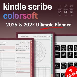 May include: A digital planner for Kindle Scribe, featuring a minimalist design. The planner includes a calendar, to-do lists, and goal-setting sections. The text on the image reads "kindle scribe colorsoft 2026 & 2027 Ultimate Planner."