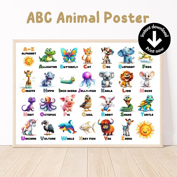 ABC Animal Poster, Alphabet Print, Animal Alphabet Poster, Educational Alphabet, Kiddies Art, Nursery Alphabet, Digital Download