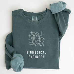 May include: A teal-colored sweatshirt with the words "BIOMEDICAL ENGINEER" in white block letters. Above the text is a white line drawing of a heart, gear, and other medical symbols. The sleeves are folded up.