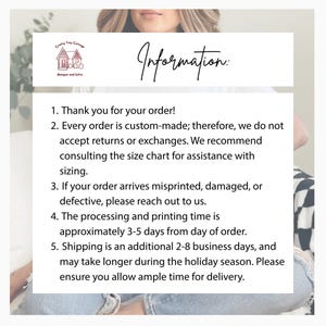 May include: A white informational sign with black text featuring the Crafty Tiny Cottage Designs and Gifts logo. The text outlines policies regarding custom orders, returns, exchanges, size charts, damaged items, and processing times for customer review.