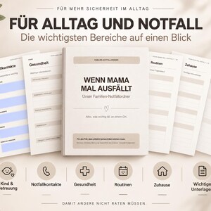 May include: A beige emergency binder titled WENN MAMA MAL AUSFÄLLT with several open pages displaying sections for emergency contacts, health, routines, home, and documents, accompanied by six circular icons representing these categories.