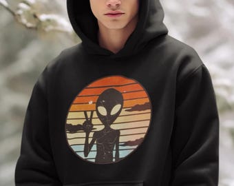 Alien Art Vintage Print Adult Hoodie Unisex Adventure Outfit for UFO fan Street wear