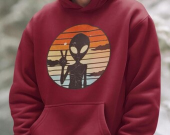 Alien Art Vintage Print Adult Hoodie Unisex Adventure Outfit for UFO fan Street wear