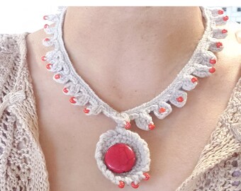 Collier au crochet avec fil et perles rouges, collier avec fil fait main