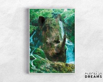 Rhino printable digital art download, Rhinoceros rock formation, set within a jungle with waterfalls