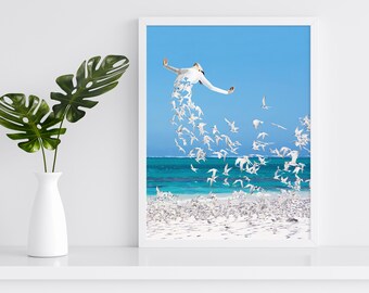 Large beach wall art - Surreal birds print as digital download, Bird lovers gift
