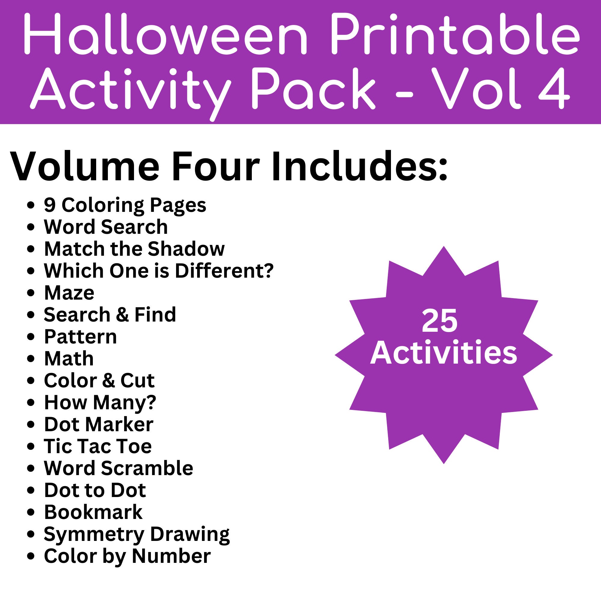 Halloween printable kids activity pack coloring pages word search