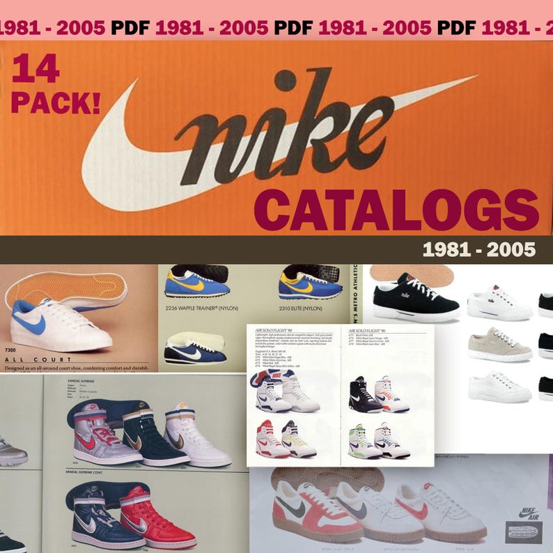 Puede incluir: Una colecci&oacute;n de 14 cat&aacute;logos de Nike de 1981 a 2005. Los cat&aacute;logos presentan varios zapatos Nike, incluyendo el Nike All Court, el Nike Waffle Trainer, el Nike Elite y el Nike Air Flight.