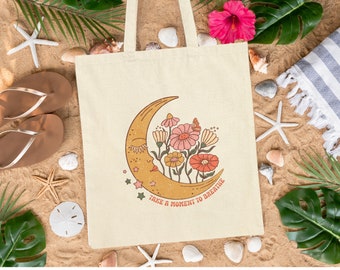 Canvas Tote Bag, Beach Bag, Boho Flowers, Retro bags, Book Bag, Boho Chic Bag, Retro Moon, Hippie Tote Bag, Retro flower, Vintage Designs