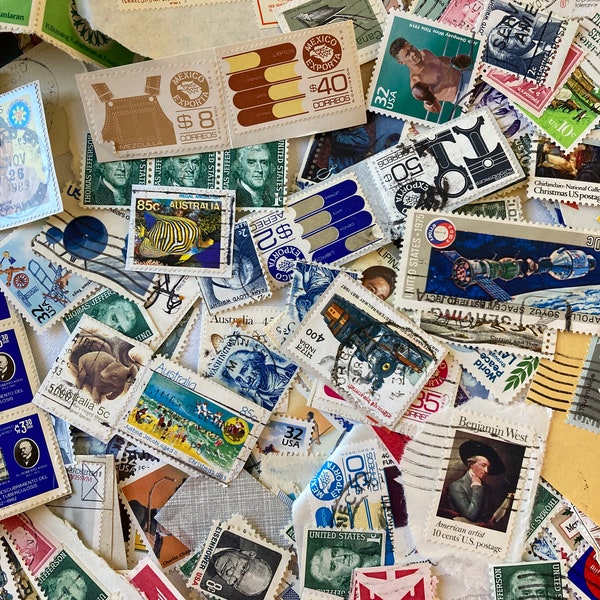 Colorful US and International CANCELLED Stamps / Set of 100 / Junk Journal / Scrapbooking / Art Journal