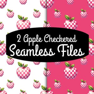 May include: Two digital seamless files showcasing a pattern of pink and white chequered apples with green leaves. The apples are set against a white and a bright pink background. The text "2 Apple Checkered Seamless Files" is displayed on a black oval.