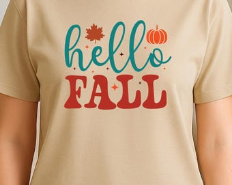 Hello Fall T-Shirt, Pumpkin and Leaves Design