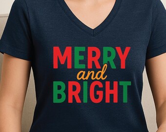 Merry and bright V-Neck shirt, merry christmas tee, xmas shirt, new year shirt, christmas vibes, tis the season tee, christmas holiday