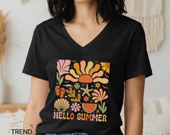 Hello Summer T-Shirt, Retro Beach Vibes, Unisex Cotton Blend