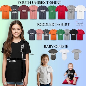 May include: Image showcasing a variety of youth, toddler, and baby apparel. The image displays t-shirts in various colors, including orange, red, and grey, and baby onesies. The text on the image reads "YOUTH UNISEX T-SHIRT", "TODDLER T-SHIRT", and "BABY ONESIE".