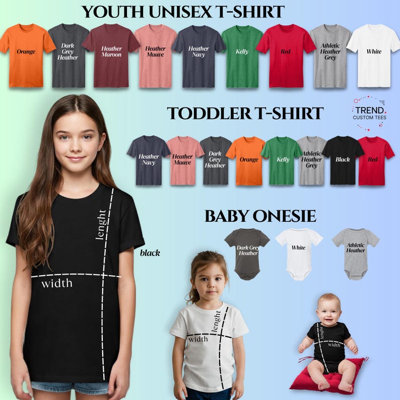 May include: Image showcasing a variety of youth, toddler, and baby apparel. The image displays t-shirts in various colors, including orange, red, and grey, and baby onesies. The text on the image reads "YOUTH UNISEX T-SHIRT", "TODDLER T-SHIRT", and "BABY ONESIE".