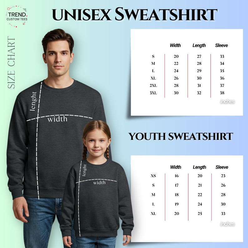 Op de afbeelding: Een donkergrijs unisex sweatshirt met een maattabel voor volwassenen en jeugd. De maattabel toont afmetingen in inches voor breedte, lengte en mouwlengte. De tekst "UNISEX SWEATSHIRT" en "YOUTH SWEATSHIRT" is ook opgenomen.