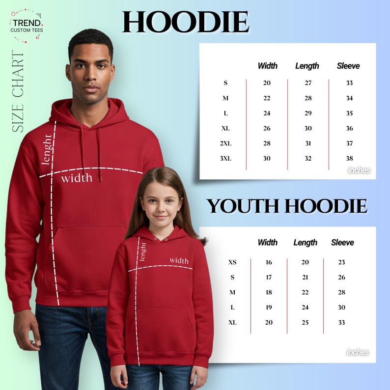 Op de afbeelding: Een rode hoodie met een maattabel voor volwassenen en jeugd. De maattabel voor volwassen hoodies toont afmetingen in inches voor breedte, lengte en mouwlengte. De maattabel voor jeugd hoodies toont ook afmetingen in inches.