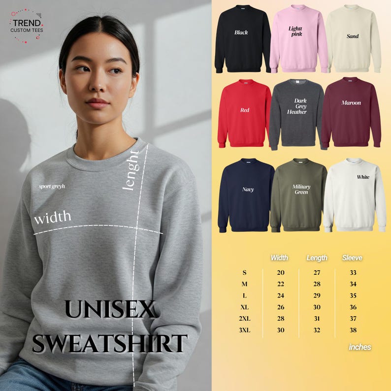 Op de afbeelding: Een lichtgrijs unisex sweatshirt met de tekst "UNISEX SWEATSHIRT". De afbeelding toont ook sweatshirts in verschillende kleuren, waaronder zwart, rood en marine, met afmetingen in inches.