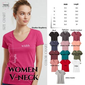 May include: A woman models a pink V-neck t-shirt. The image includes a size chart with measurements in inches and a color chart with various shirt colors. Text on the shirt reads "WOMEN V-NECK". The brand logo is in the top left corner.