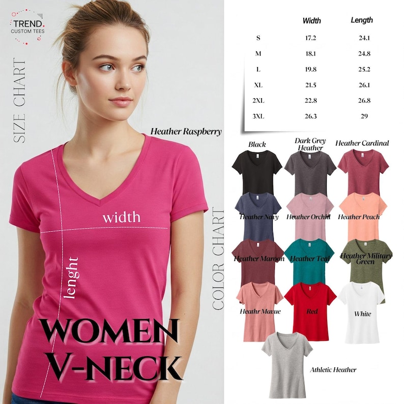 May include: A woman models a pink V-neck t-shirt. The image includes a size chart with measurements in inches and a color chart with various shirt colors. Text on the shirt reads "WOMEN V-NECK". The brand logo is in the top left corner.