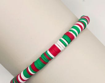 Christmas Colors Clay Bead Bracelet, One of a Kind Bracelet, Heishi Beads