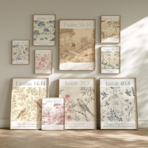 May include: A collection of framed art prints featuring botanical and landscape designs with Bible verses. The prints showcase various scenes in shades of blue, pink, and beige, with text from the Bible. The frames are a light brown color.
