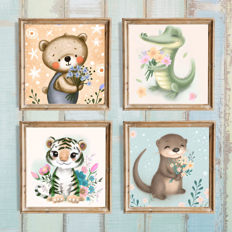 A Set of Four Baby Animals Printable Nursery Wall Art Square Prints - Etsy