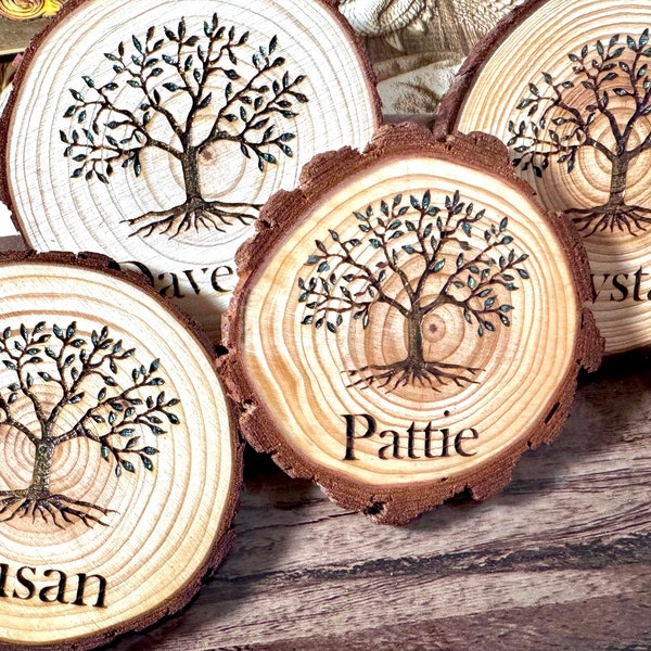 Hand painted, Engraved, Wood Tree Slice Coaster - Tree of Life - Nature Personalized Gift - Wedding Favors - Anniversary Housewarming Gift