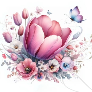 Floral Clipart, Spring Tulips, - Watercolor floral PNG - Watercolor flowers - Spring flowers - Set of 32, Transparent