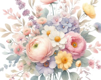 Watercolor Spring Floral Clipart: 36 Flower PNG Set (Digital Download)