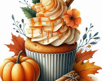 Autumn Cupcake Clipart: Fall Watercolor PNG Images (Set of 25)