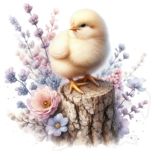 May include: A fluffy yellow chick stands on a weathered tree stump, surrounded by delicate watercolour flowers in shades of pink, lavender, and blue. The chick has orange feet and a small beak. The overall theme is spring and nature.