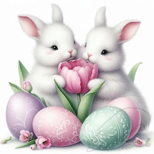 Może przedstawiać: Ilustracja dwóch puszystych białych królików z różowymi uszami, trzymających różowego tulipana. Pastelowe pisanki, w tym lawendowe, różowe i miętowe, ułożone są wokół królików, z małymi różowymi kwiatami i zielonymi liśćmi.
