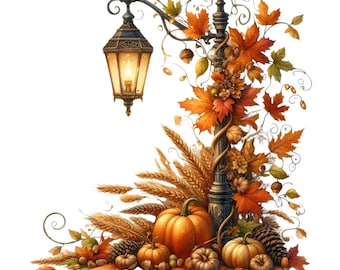 May include: An illustration of an autumn-themed scene featuring a vintage street lamp with a lit lantern. The lamp post is adorned with orange and red maple leaves, wheat, pumpkins, and pine cones, creating a fall harvest aesthetic.