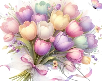 Floral Clipart, Spring Tulips, - Watercolor floral png - Watercolor flowers png - Spring flowers - Set of 29, Transparent