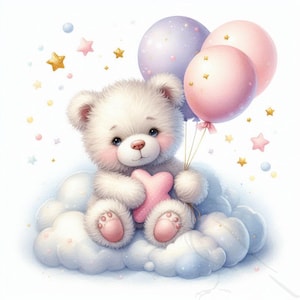 Oso de baby shower con globos, PNG de guardería, globos de osito de peluche, diseño de sublimación para invitaciones y más, conjunto de 20 con fondo