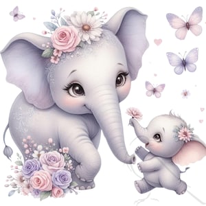 Clipart del Día de la Madre - Adorable elefante con bebé, perfecto para hacer tarjetas y álbumes de recortes. Juego de 17 regalos transparentes de alta calidad.