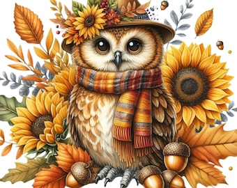 Autumn Clipart Set: Watercolor Fall Graphics, Owls, Pumpkins (PNG Download)