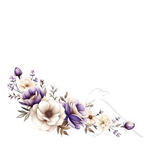 May include: A floral arrangement featuring white and purple flowers, including roses and other blooms. The flowers are clustered together and have a delicate, romantic feel.