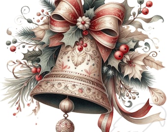 Christmas Clipart, Vintage Bell PNG  Holiday Clipart,  Set of 14 Transparent Background