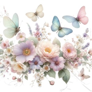 May include: A delicate floral arrangement featuring pastel pink and purple flowers with butterflies in shades of blue and pink. The flowers are arranged in a bouquet with green leaves and stems.