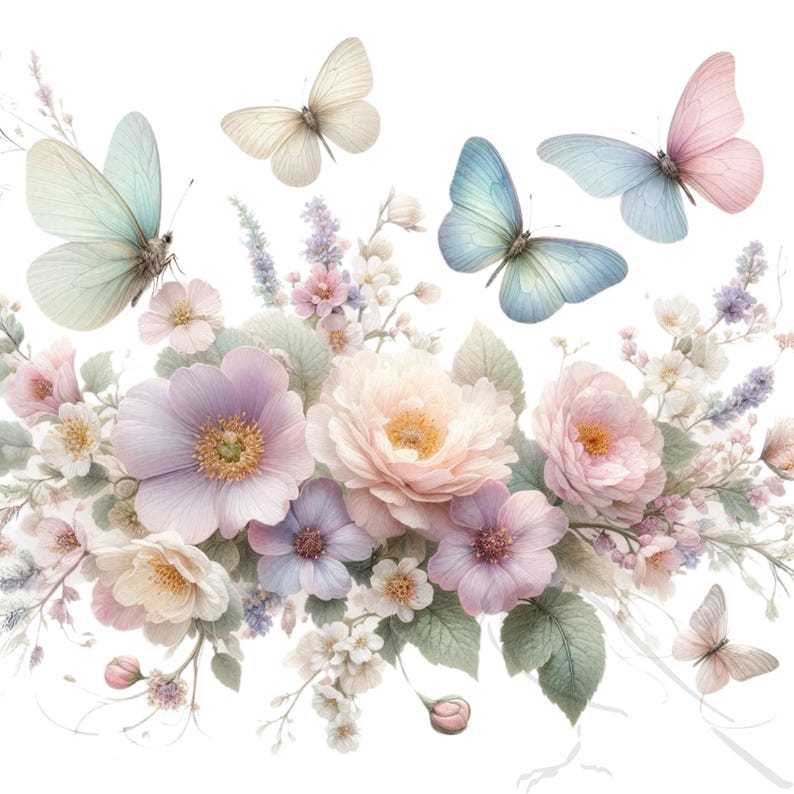 May include: A delicate floral arrangement featuring pastel pink and purple flowers with butterflies in shades of blue and pink. The flowers are arranged in a bouquet with green leaves and stems.