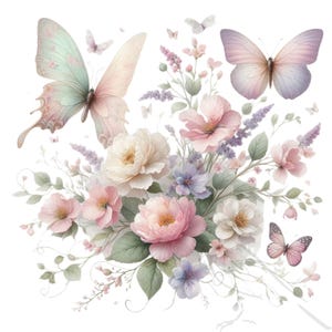 May include: A delicate floral arrangement featuring pink, white, and purple flowers with green leaves. Two butterflies, one light blue and one light pink, are perched on the flowers.