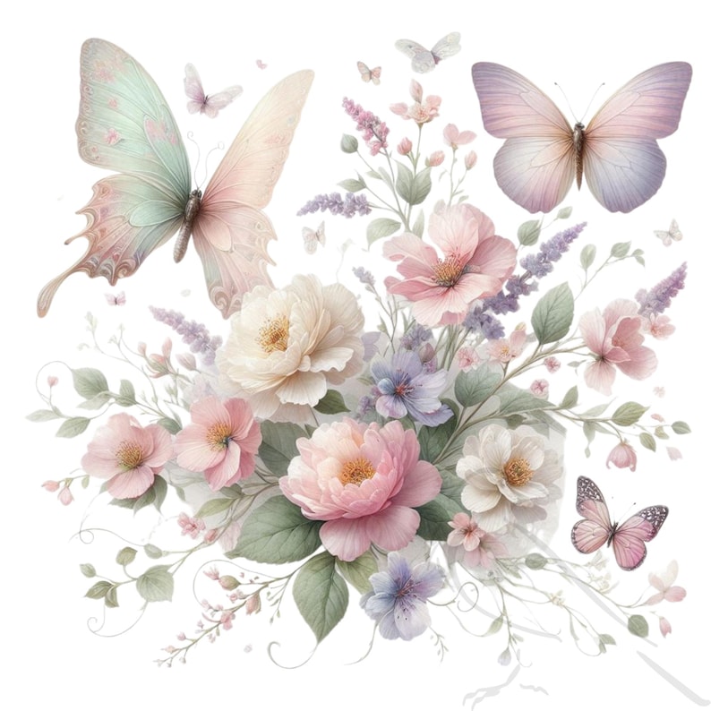 May include: A delicate floral arrangement featuring pink, white, and purple flowers with green leaves. Two butterflies, one light blue and one light pink, are perched on the flowers.