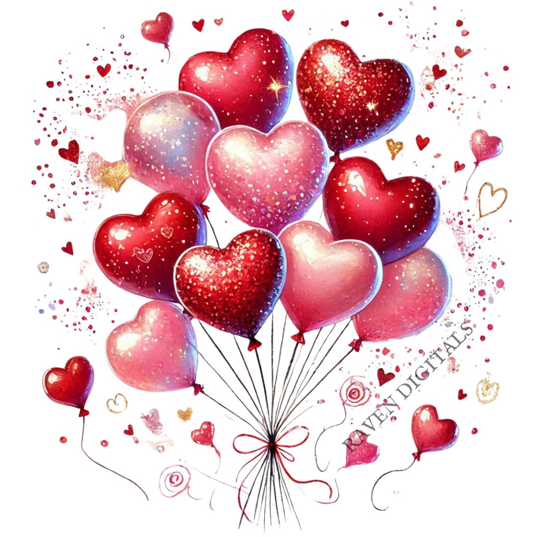 Watercolor Valentine Heart Balloons PNG Clipart (set of 14) (digital ...